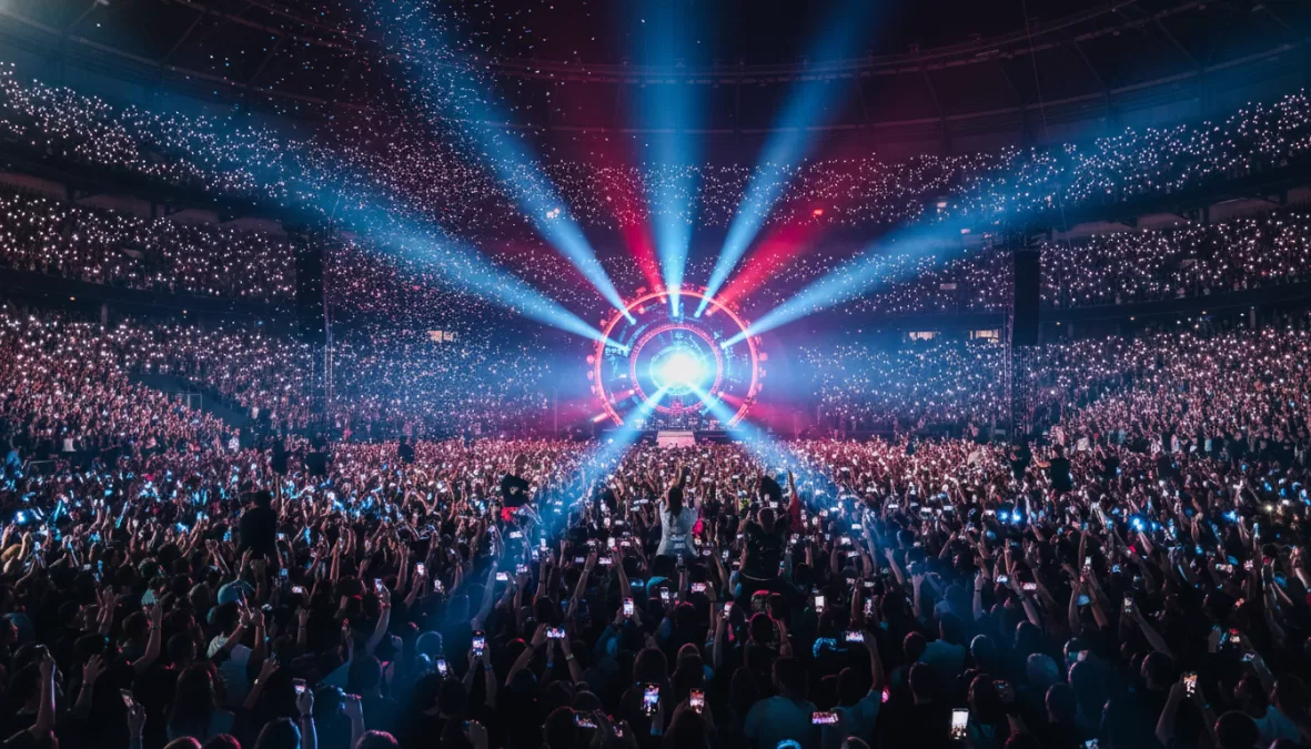 Concert crowd with smartphones recording performance showing modern music consumption