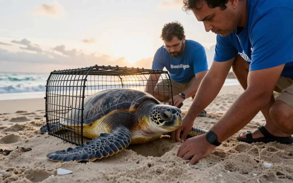 Conservation volunteers protecting hawksbill sea turtle nests on tropical beach