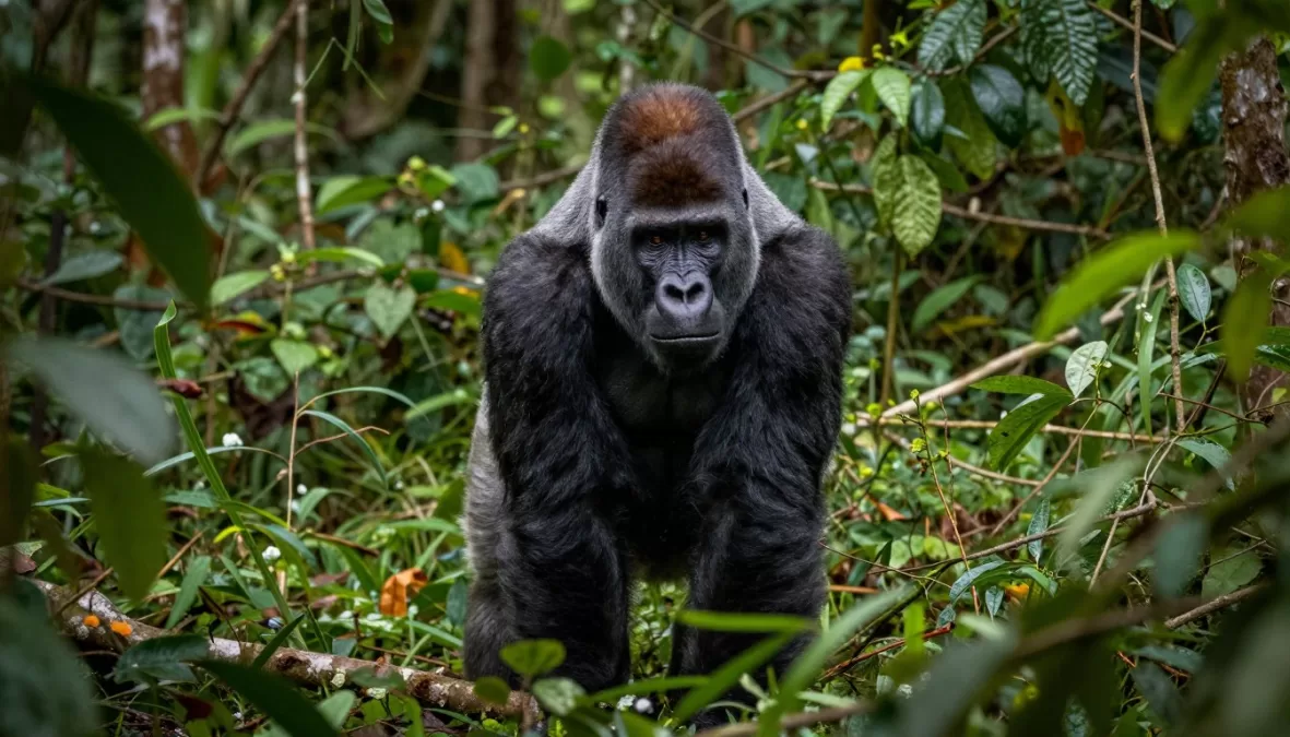 Cross River gorilla in montane forest showing characteristics of Africa's rarest gorilla subspecies