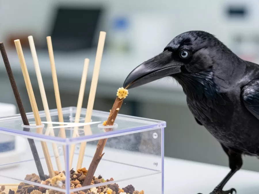 Crow using multiple tools in sequence to retrieve food from complex puzzle box