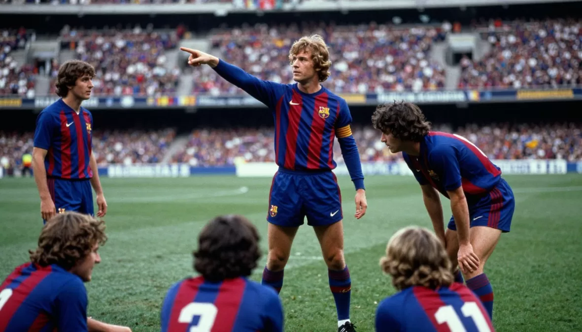 Cruyff in Barcelona jersey orchestrating play