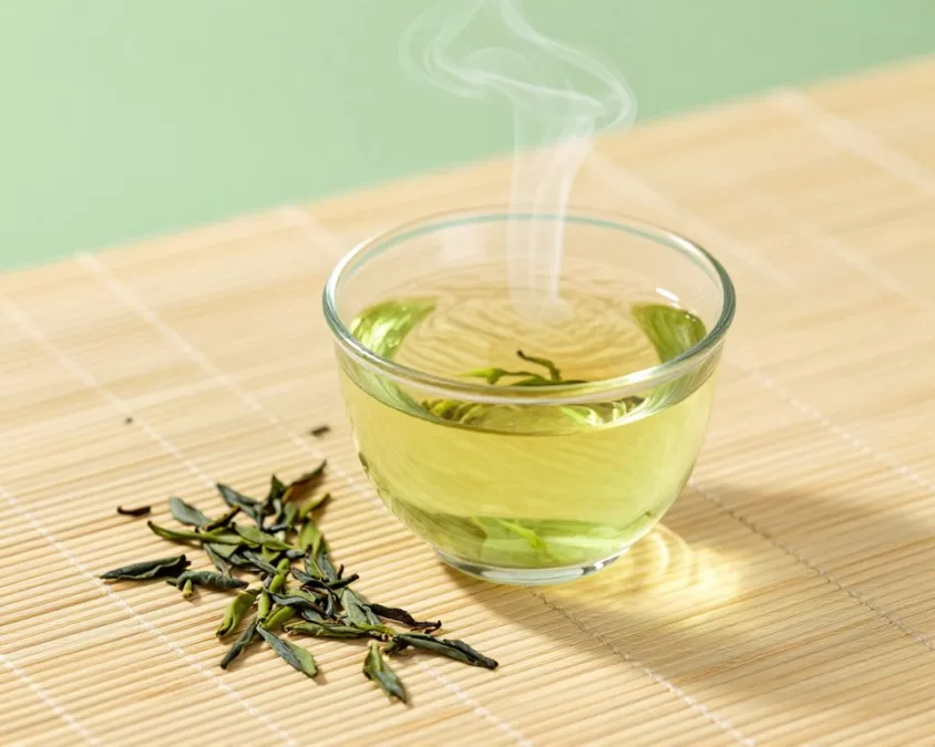 Cup of green tea with loose tea leaves on bamboo mat in serene setting