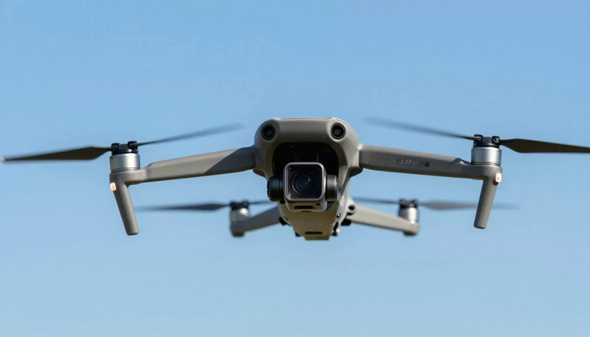 DJI Air 3S drone in flight against blue sky