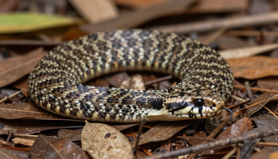 Death adder camouflaged in Australian leaf litter
