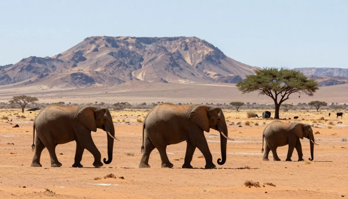 Desert elephants walking in Namibian landscape