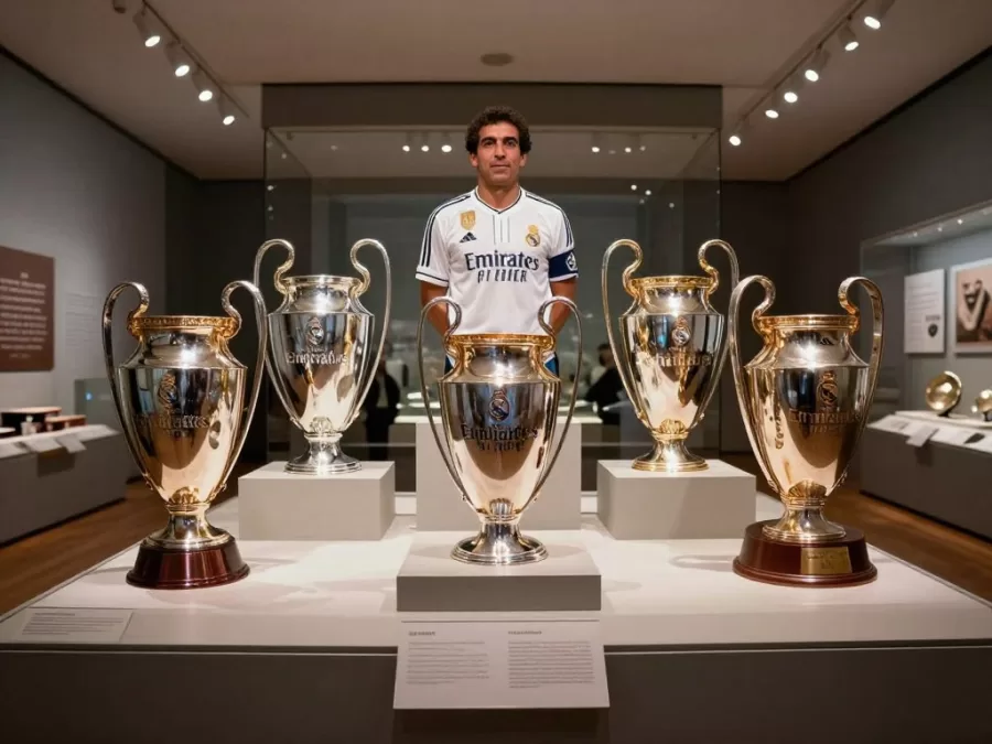 Di Stéfano with multiple trophies in Real Madrid museum