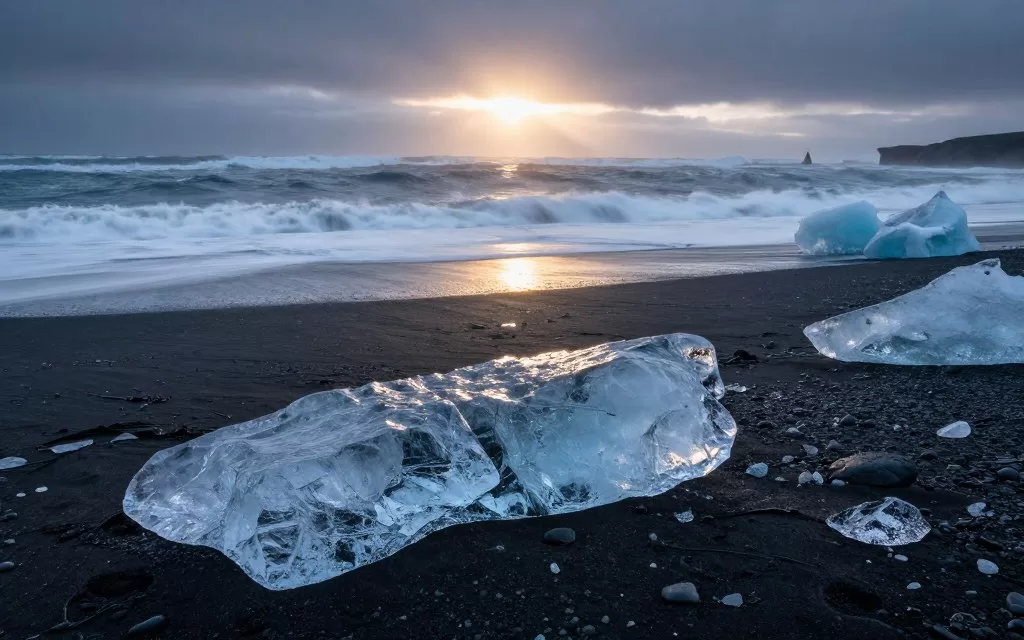 Diamond Beach Iceland with ice chunks on black sand