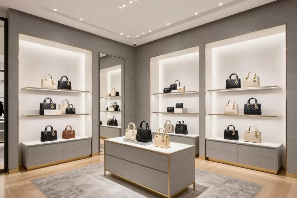 Dior luxury fashion boutique with iconic Lady Dior handbags