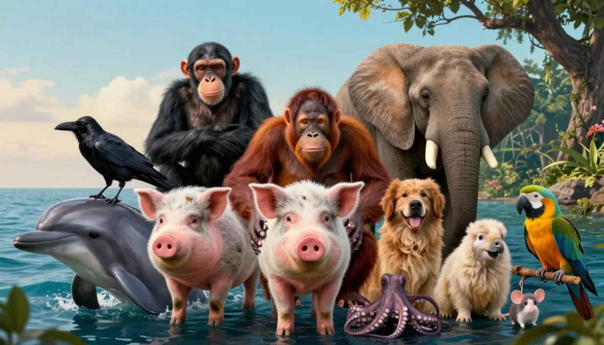 Diverse array of intelligent animals together in artistic composite