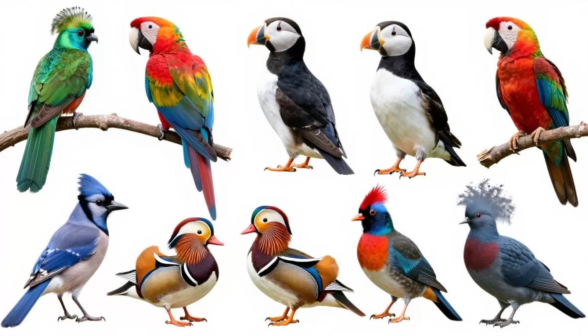 Diverse collection of beautiful birds from different habitats around the world