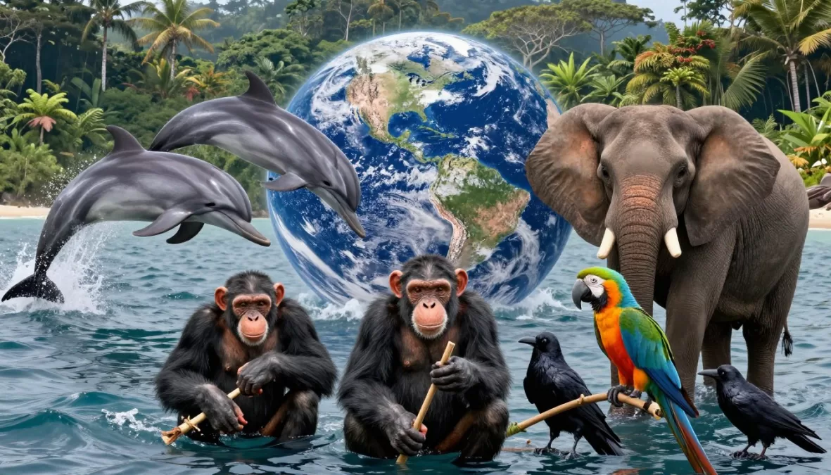 Diverse group of intelligent animals including dolphins, elephants, and primates in natural habitats