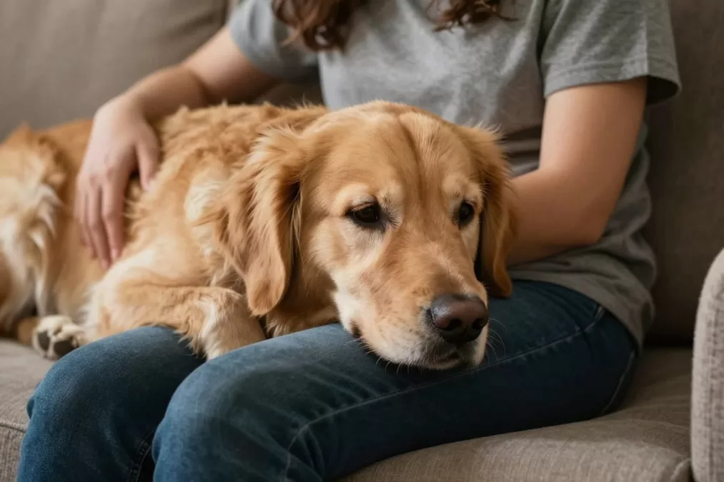 Dog demonstrating empathy by comforting sad owner