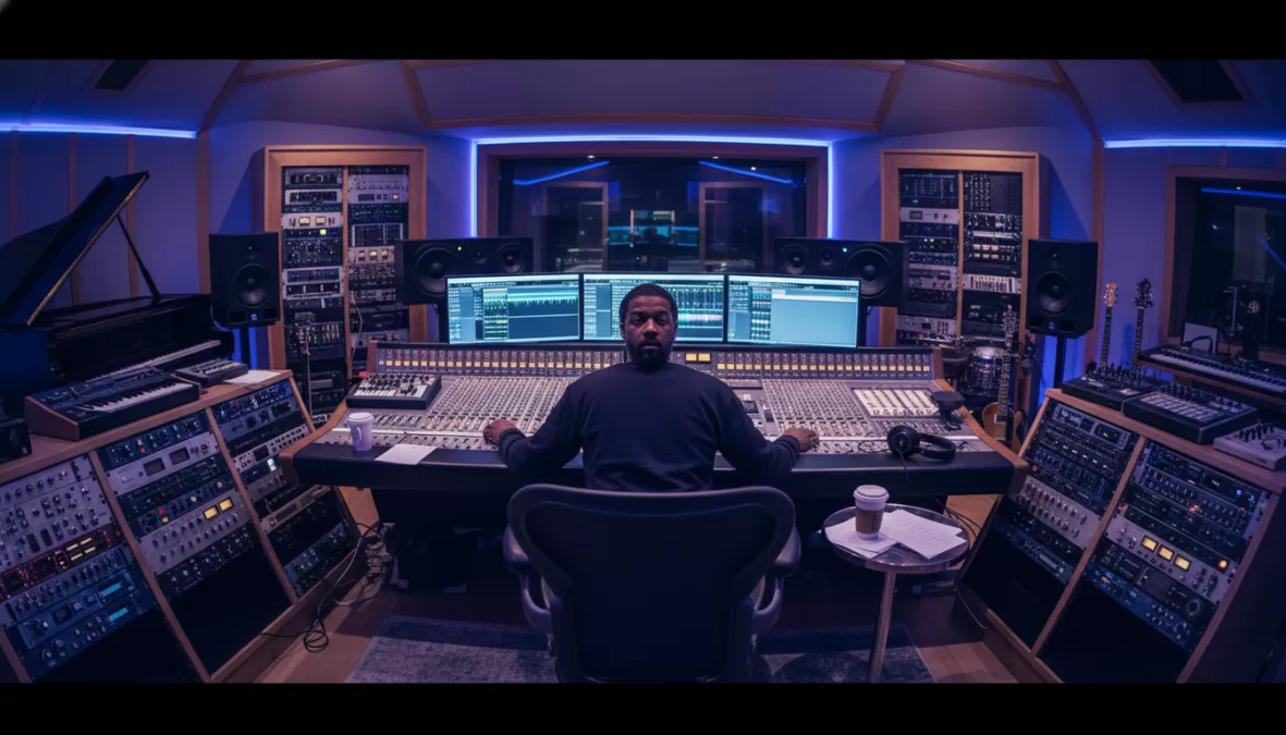 Dr. Dre in recording studio with professional audio equipment