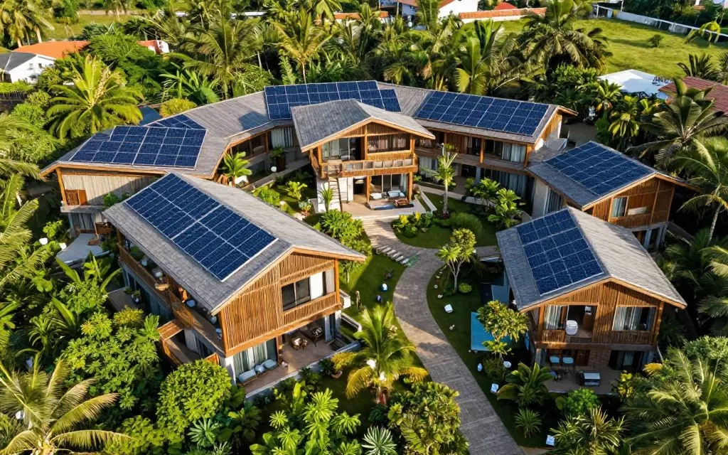 Eco-friendly luxury resort with solar panels and natural architecture