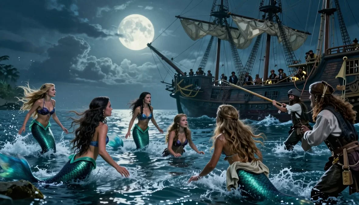 Elaborate mermaid attack scene with visual effects and action