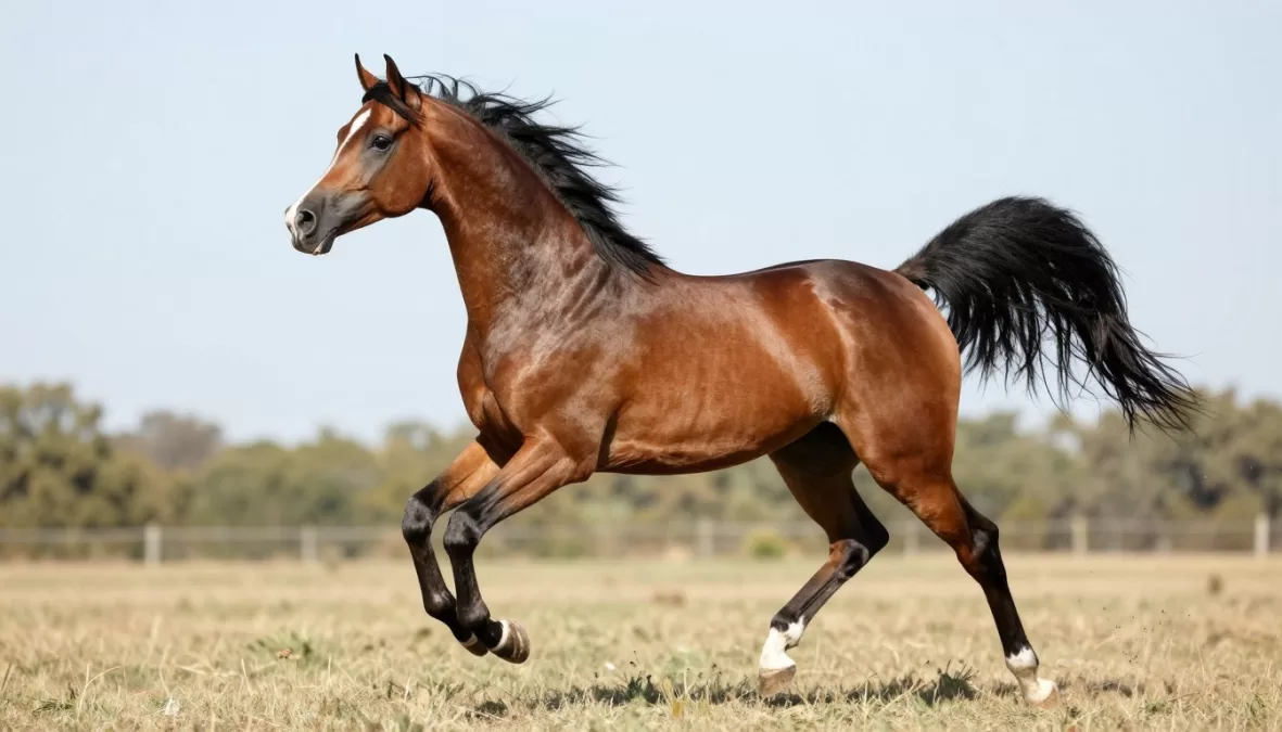 Elegant Arabian horse with refined features and arched neck in motion