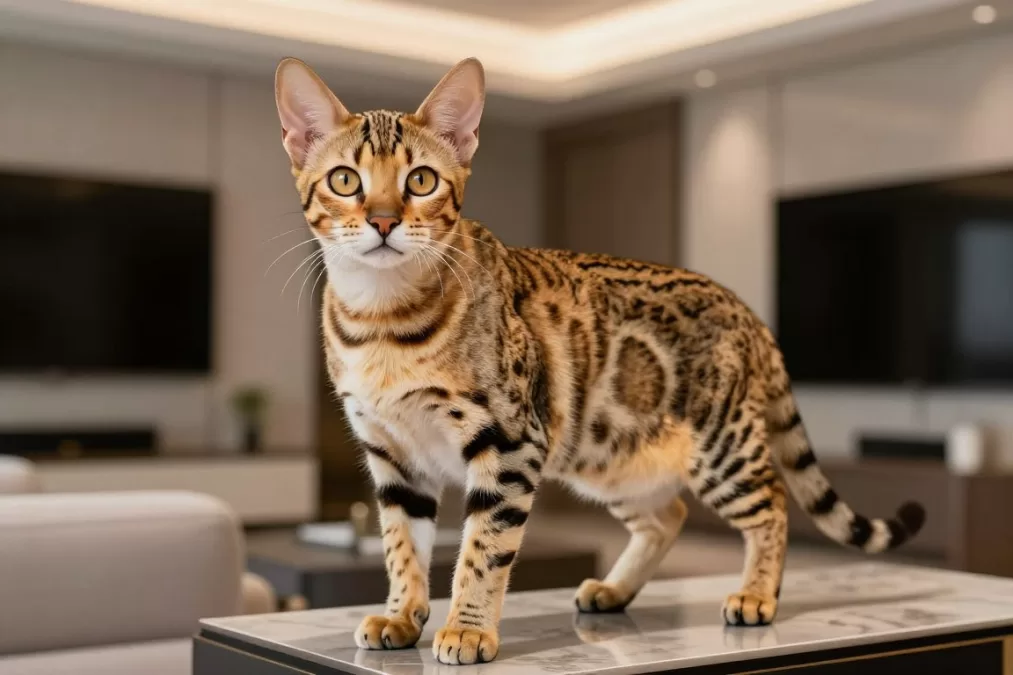 Elegant Savannah cat with distinctive spotted coat pattern and large ears