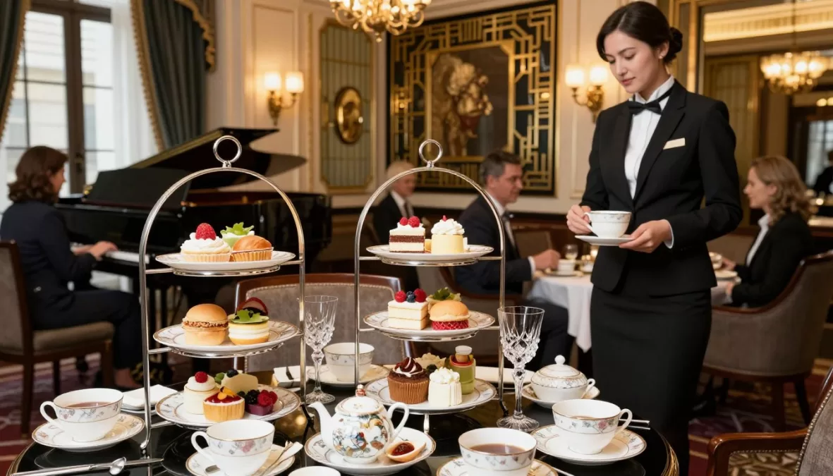 Elegant afternoon tea service at Claridge's Foyer with art deco interior