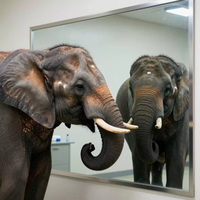 Elephant examining itself in large mirror showing self-recognition