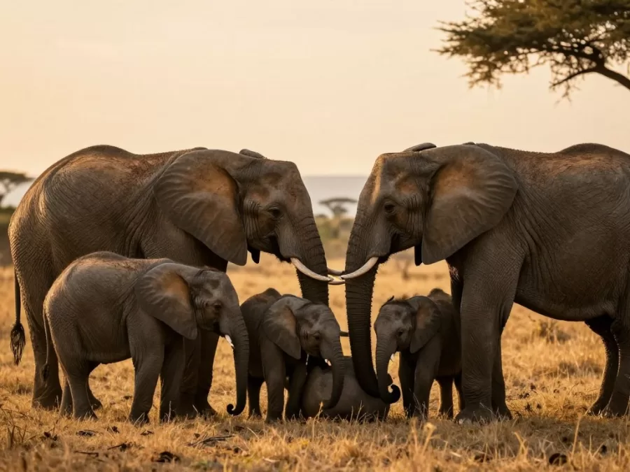 Elephant herd gathering around a deceased member in mourning behavior