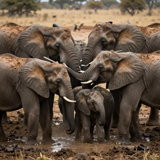 Elephants working together to rescue young elephant from muddy pit