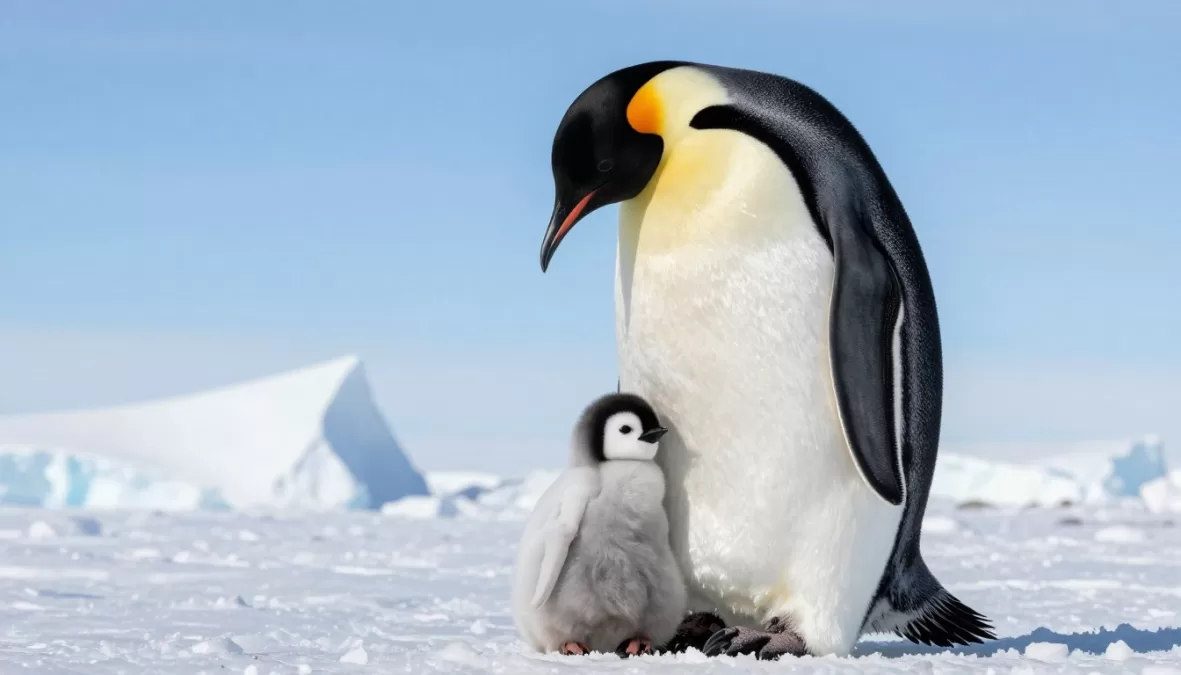 Emperor penguin adult with chick in Antarctic landscape