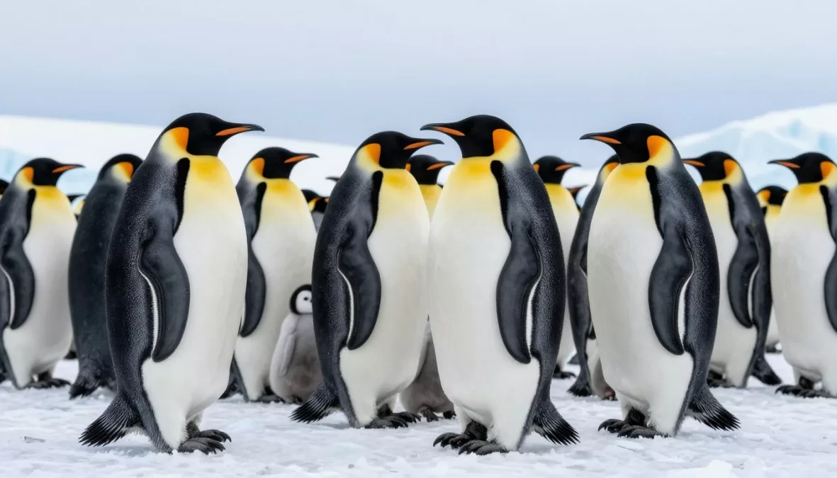 Emperor penguin colony on Antarctic ice representing largest birds in penguin family