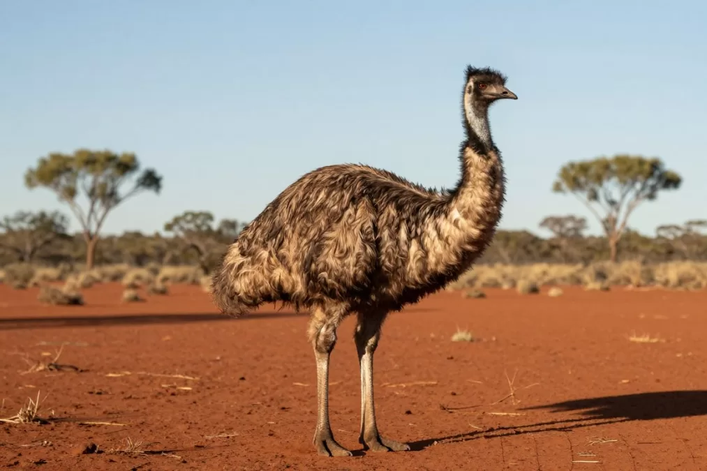 Emu bird standing in Australian outback environment among the biggest birds in nature