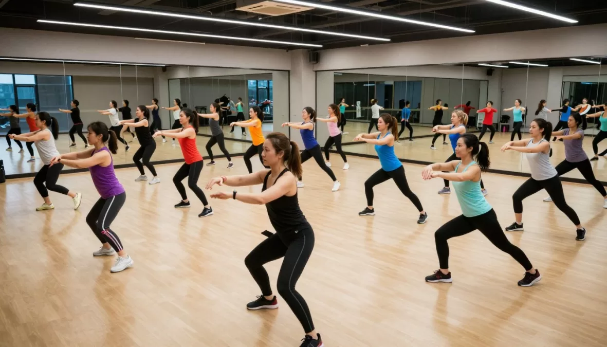 Energetic group fitness class with diverse participants and motivational instructor