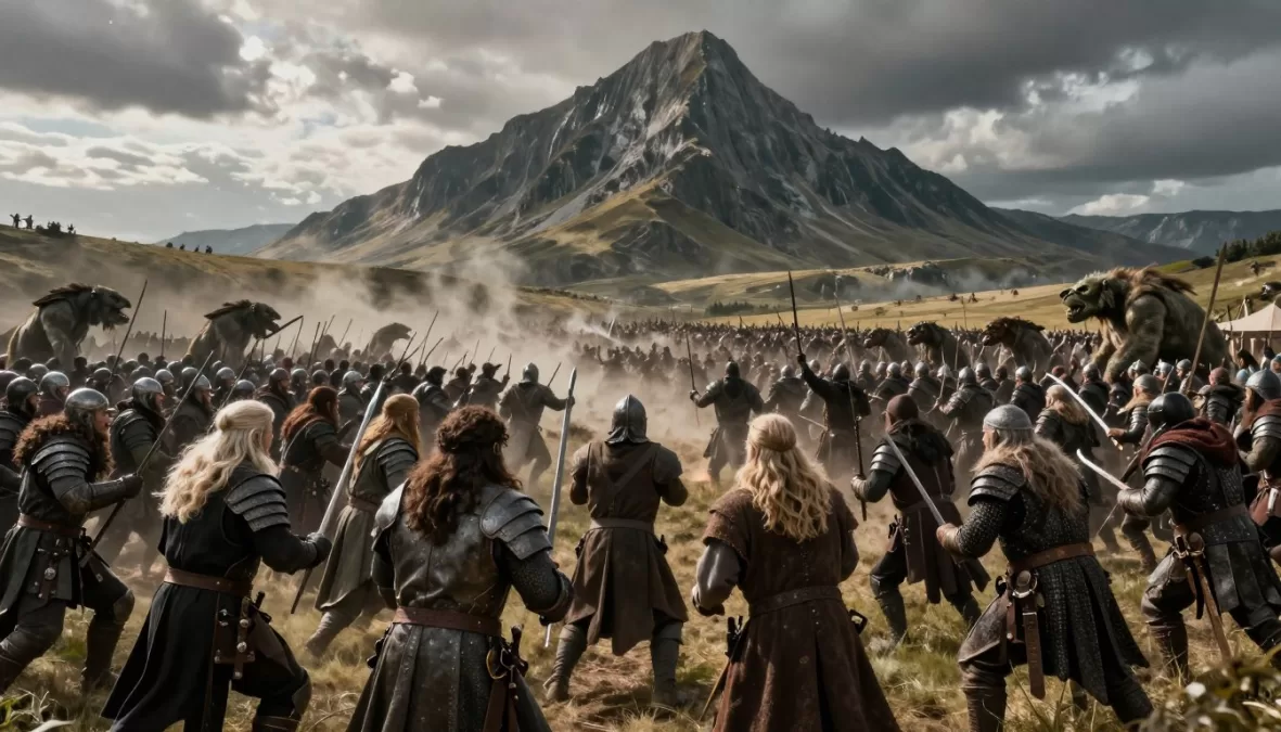 Epic battle scene from The Hobbit with armies of elves, dwarves, and orcs