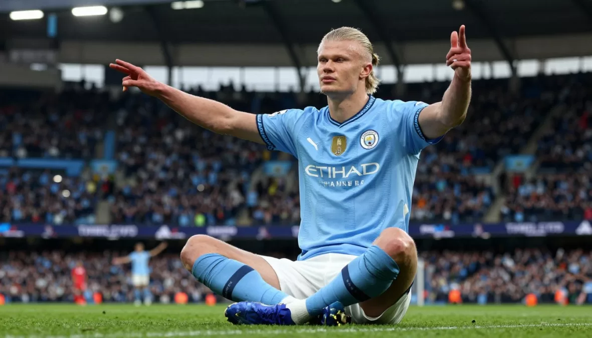 Erling Haaland celebrating goal for Manchester City