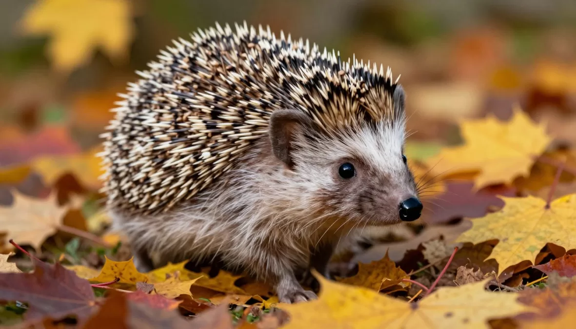 European hedgehog walking through autumn leaves in garden