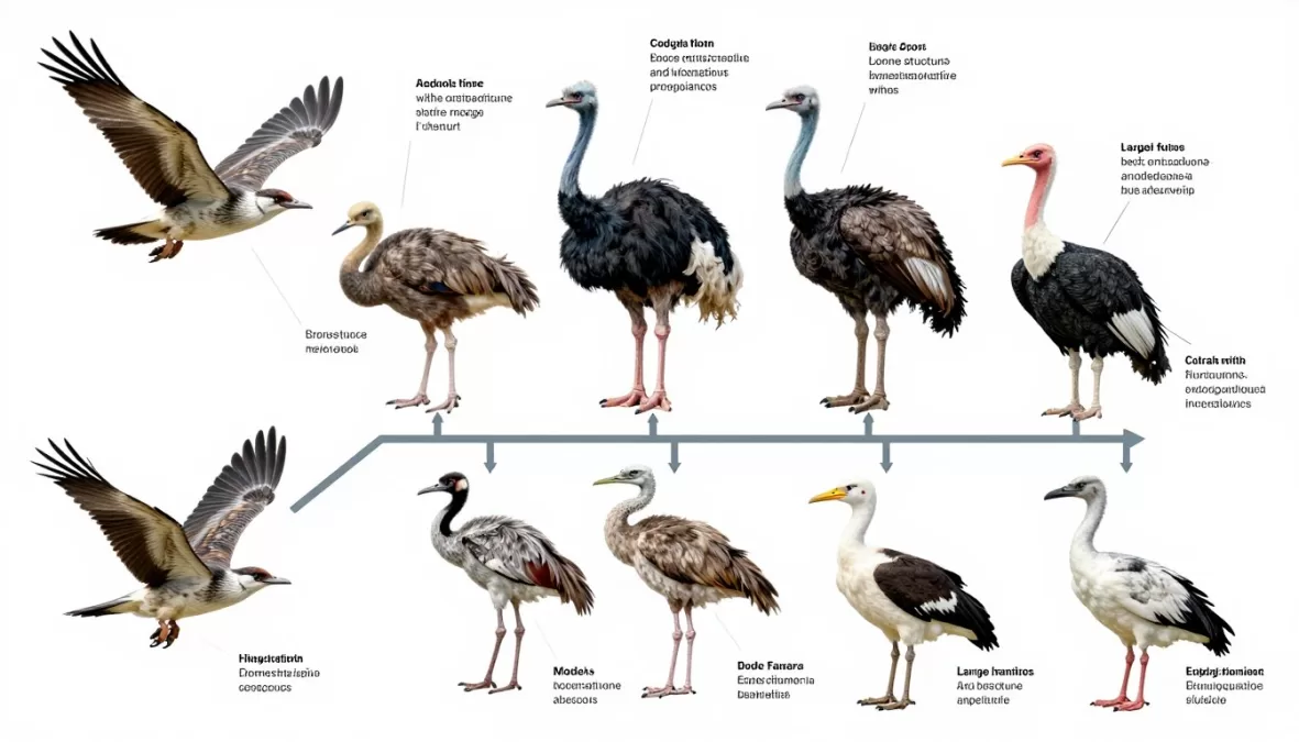 Evolutionary diagram showing how different bird species evolved large size through various adaptations