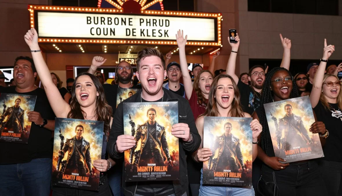 Excited moviegoers celebrating at franchise film premiere