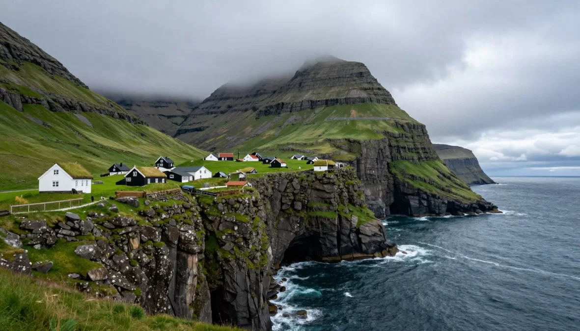 Faroe Islands dramatic cliffs and green hills overlooking ocean
