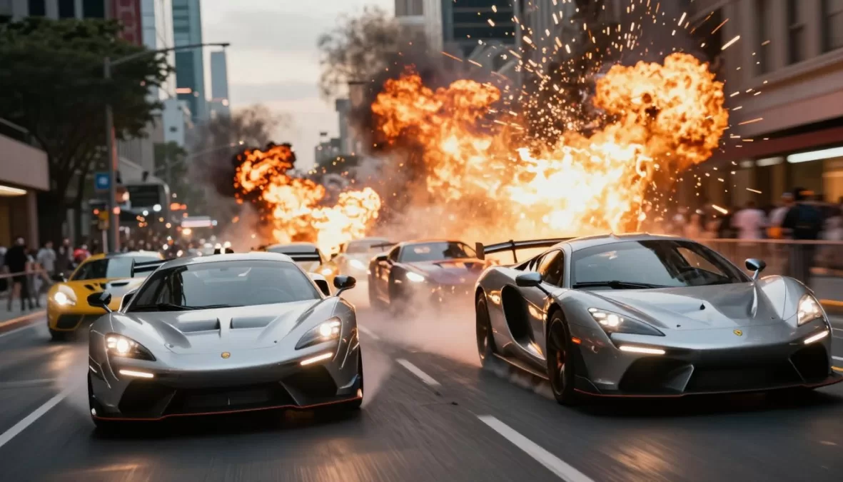 Fast and Furious cars racing through city streets with explosions