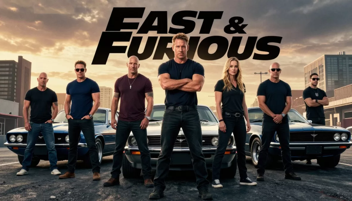Fast and Furious cast members standing with their signature vehicles