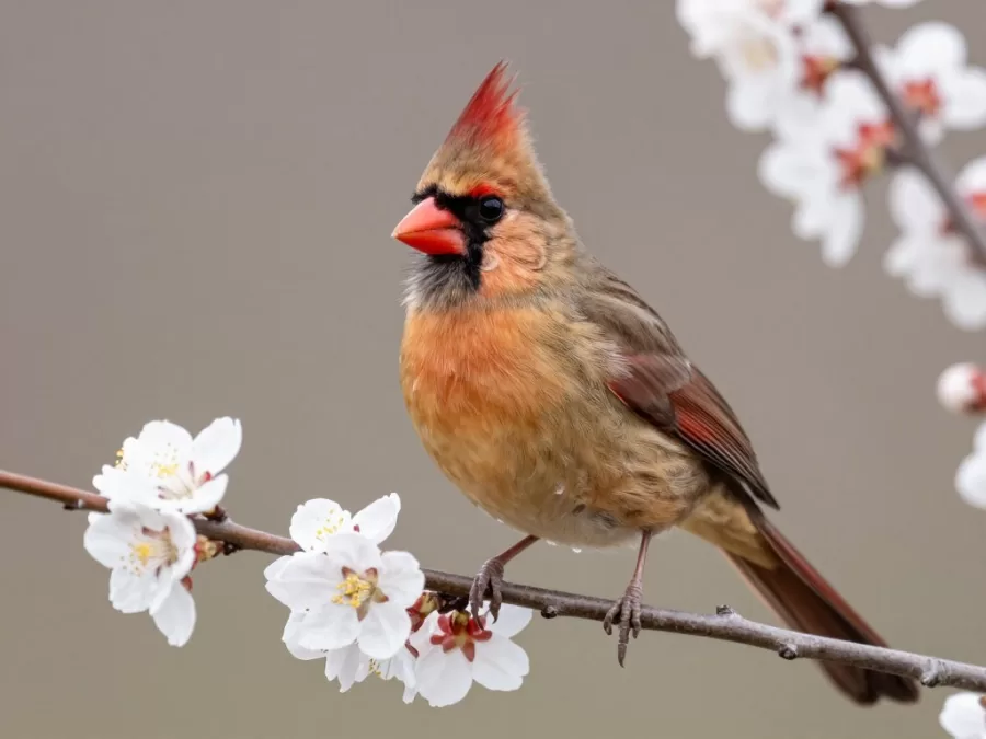 Female northern cardinal showing subtle beauty of brown and red plumage