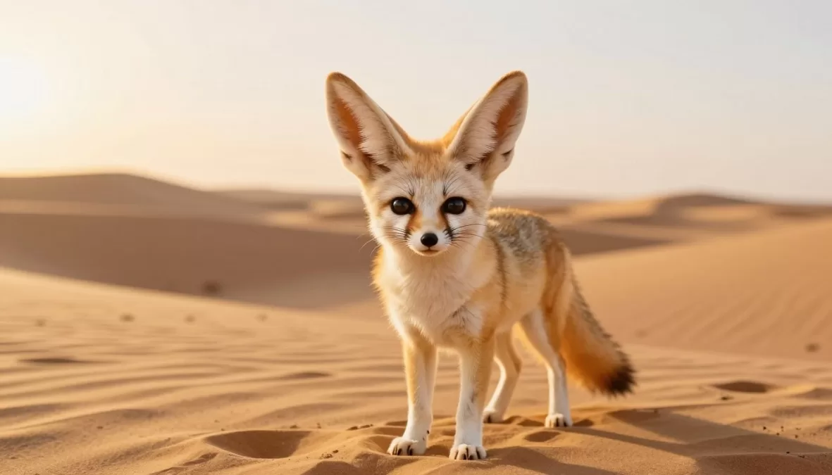 Fennec fox standing on sand dunes at sunset in the Sahara Desert