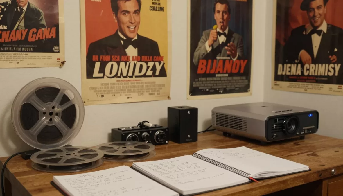 Film critic analyzing comedy movies with notes and classic film posters