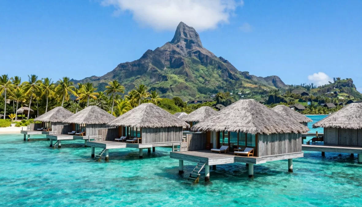 Four Seasons Bora Bora overwater bungalows with Mount Otemanu in background