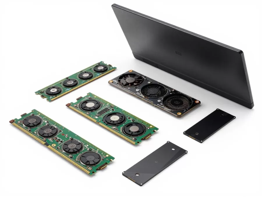 Framework Laptop 16 modular expansion cards and components laid out
