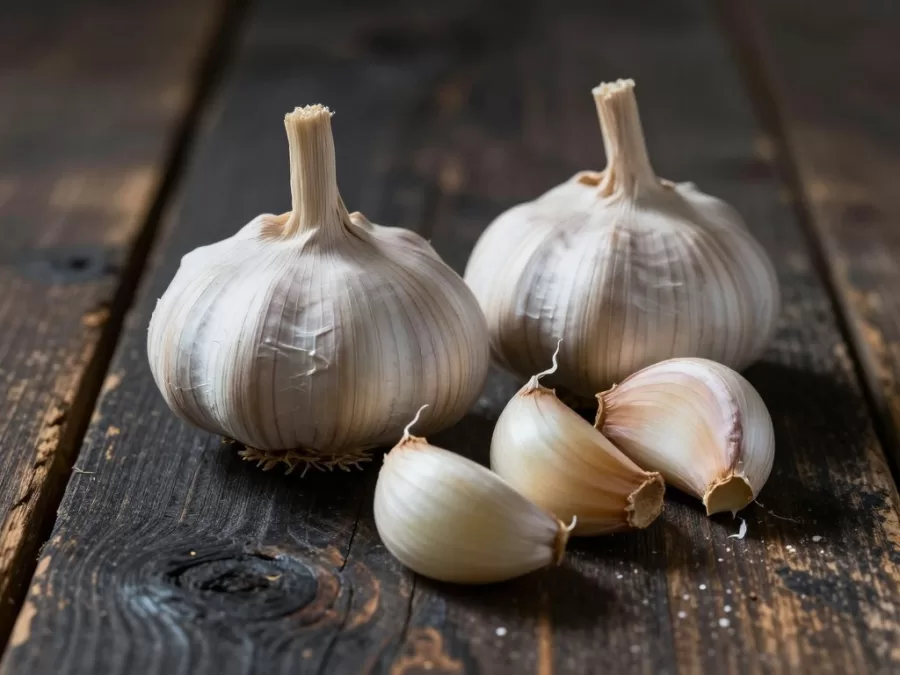 Fresh garlic bulbs and cloves arranged on a dark rustic wooden surface