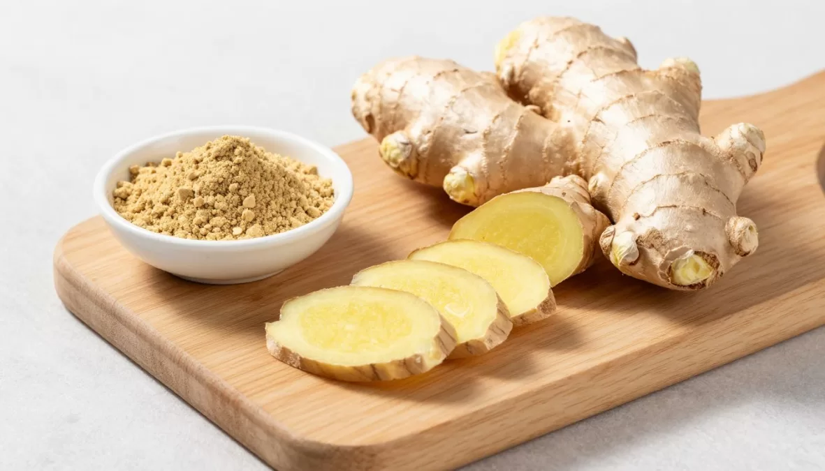 Fresh ginger root whole and sliced on a cutting board with ginger powder