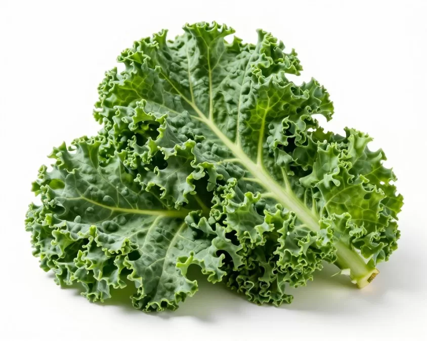 Fresh green kale leaves arranged on a white background showing texture and detail