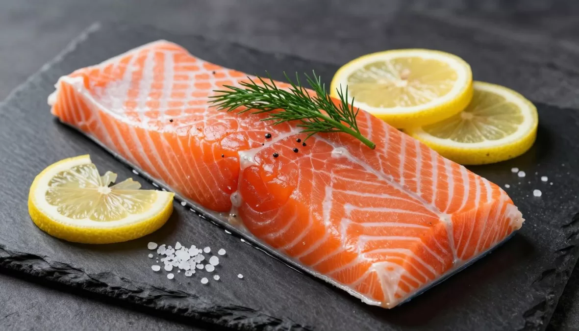 Fresh salmon fillet with herbs and lemon slices on a dark slate board