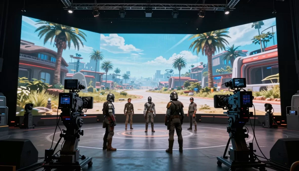 Futuristic film production with advanced technology and virtual sets