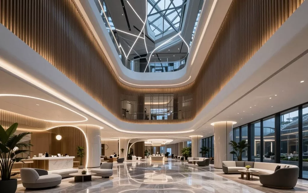 Futuristic luxury hotel with advanced technology and innovative design concepts