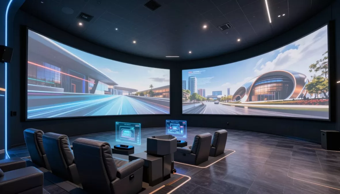 Futuristic movie theater with advanced technology and immersive screens
