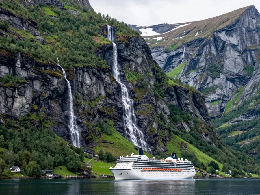 Geirangerfjord with waterfalls and cruise ship